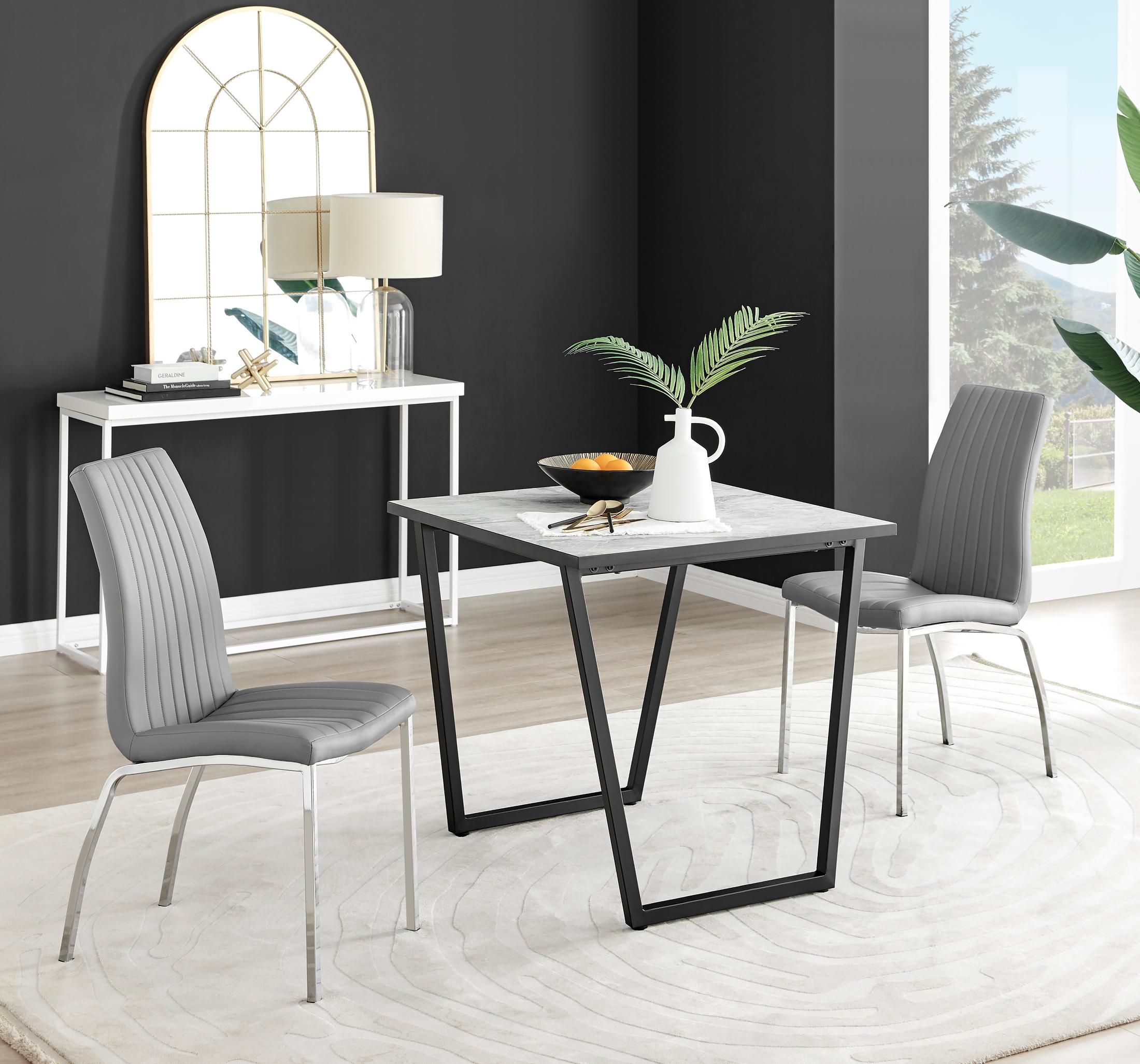 FurnitureboxUK Carson White Marble Effect Square Dining Table & 2 Faux Leather Isco Chairs in Grey