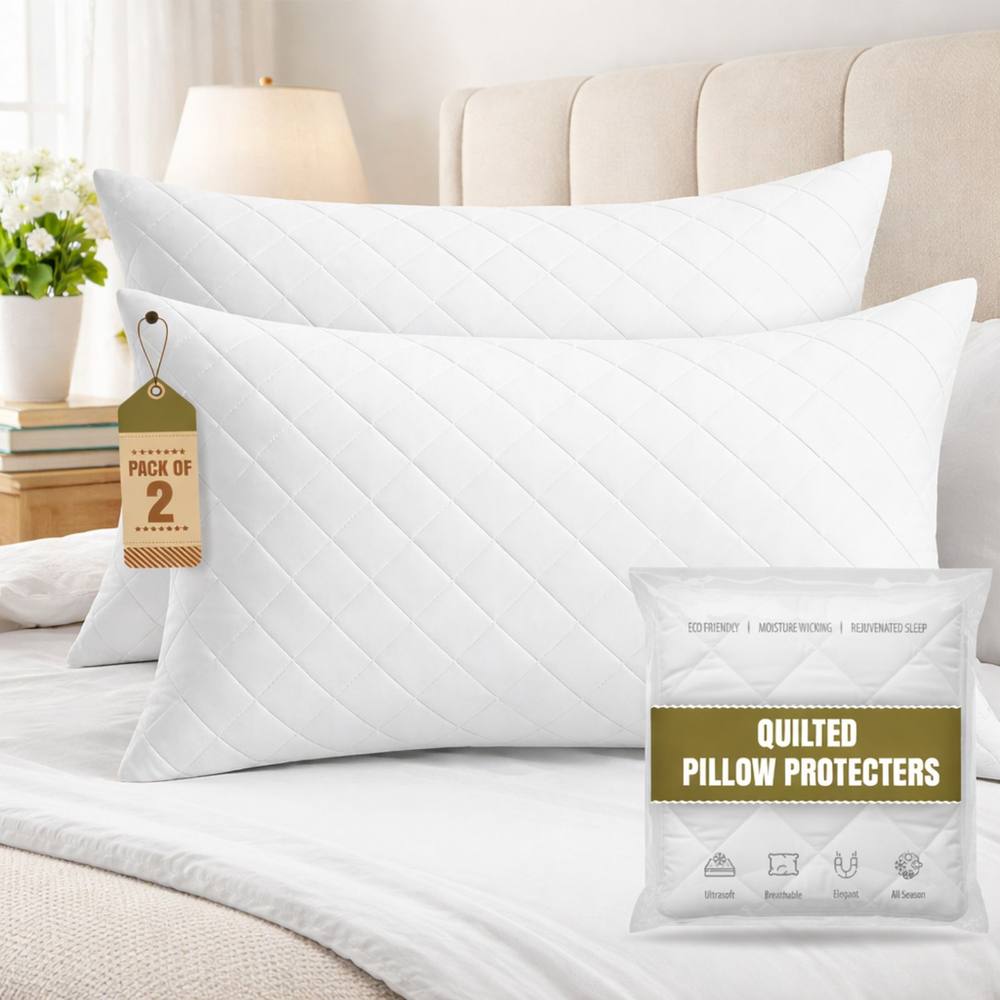 Grace Luxury Quilted Pillow Protector with Zipper Closure in White