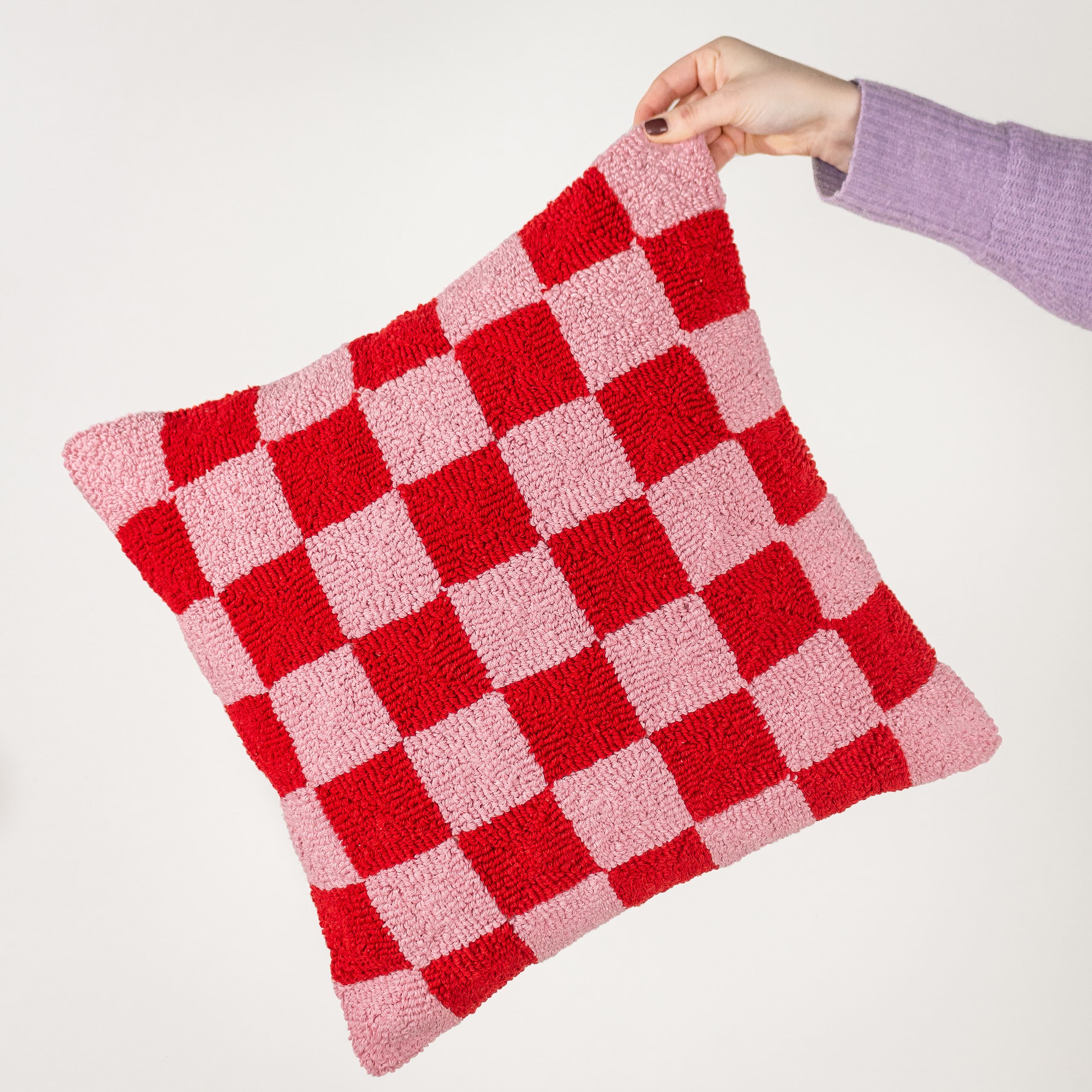 Heya Home Check Knitted Loop Tufted Cushion in Red