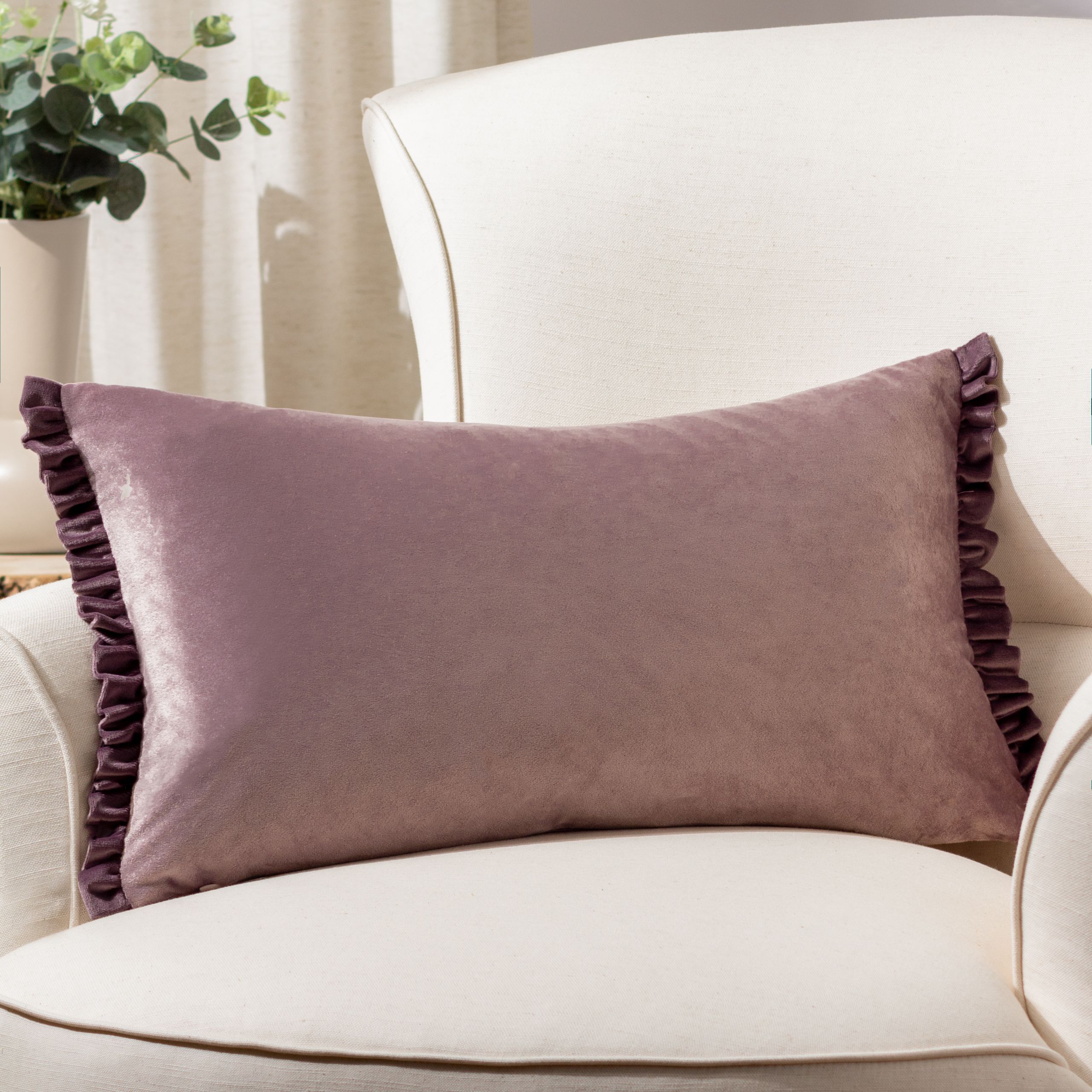 Wylder Tilly Velvet Frill Reversible Cushion in Pale Lilac