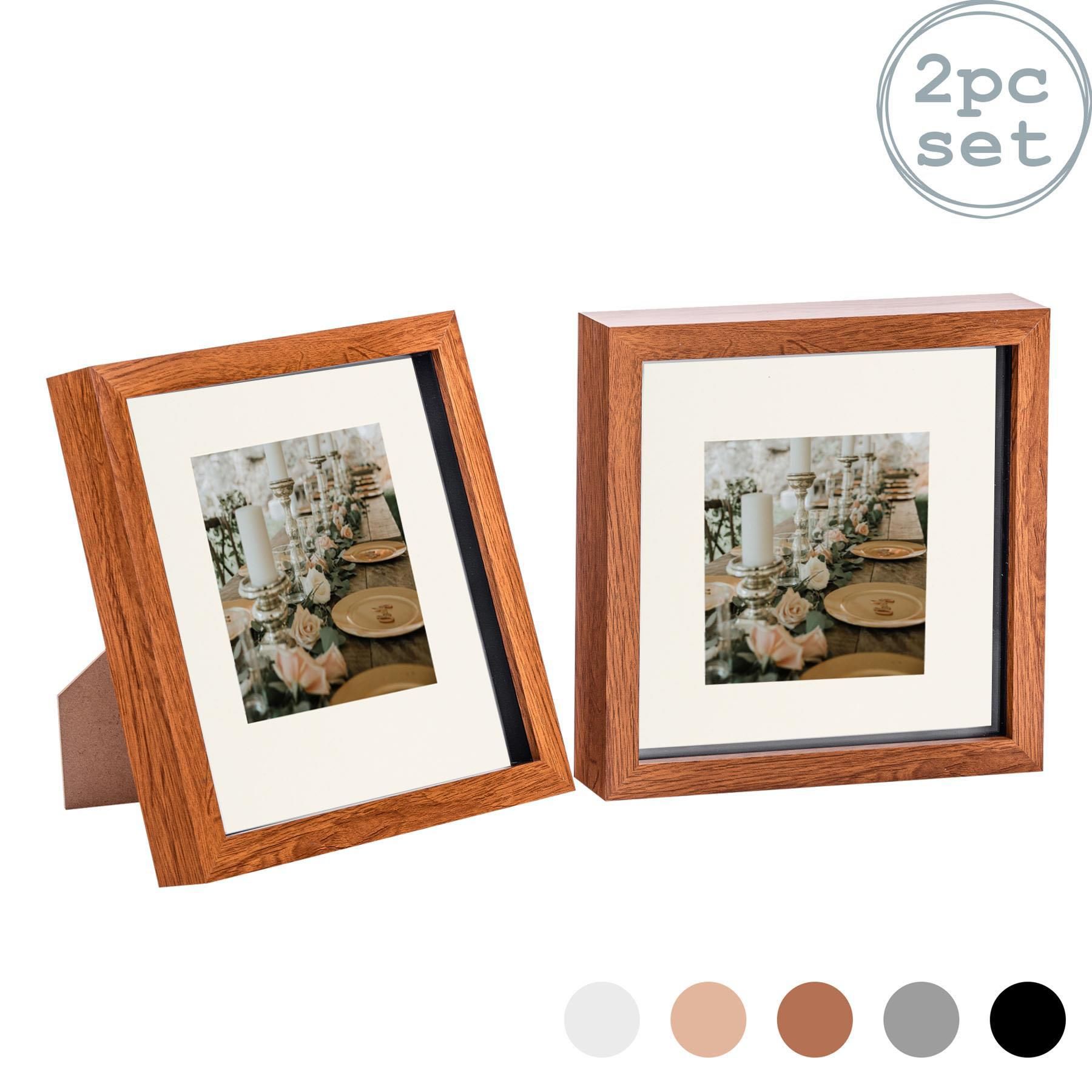 Nicola Spring 3D Box Photo Frames - 8 x 8" with 4 x 4" Mount - White Mount - Pack of 2 in Dark Brown