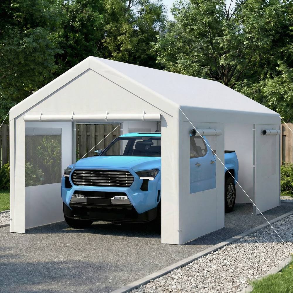 Costway 10 x 19 FT Car Canopy w/ Roll-Up Windows & Removable Doors Car Shelter in White