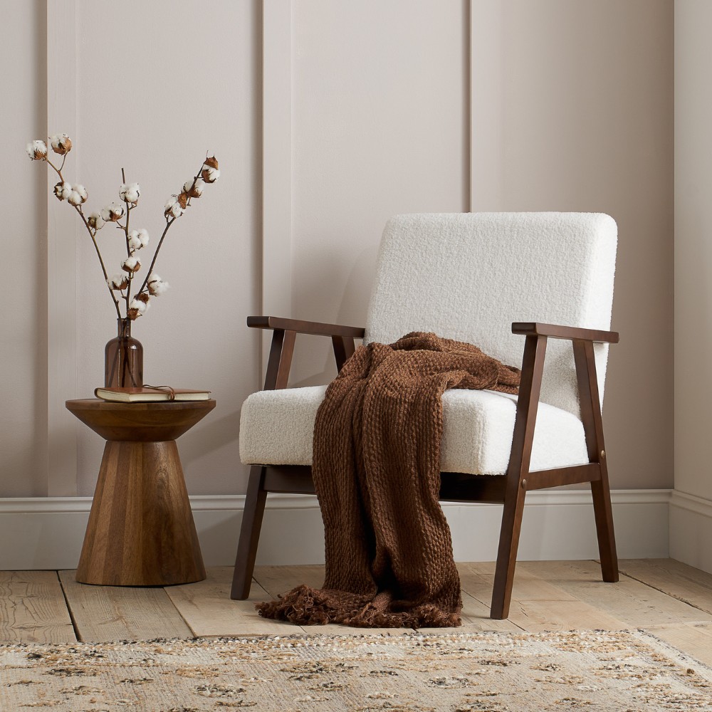 Ellwood – Boucle Armchair – White/Walnut – Wooden/Fabric – Happy Beds