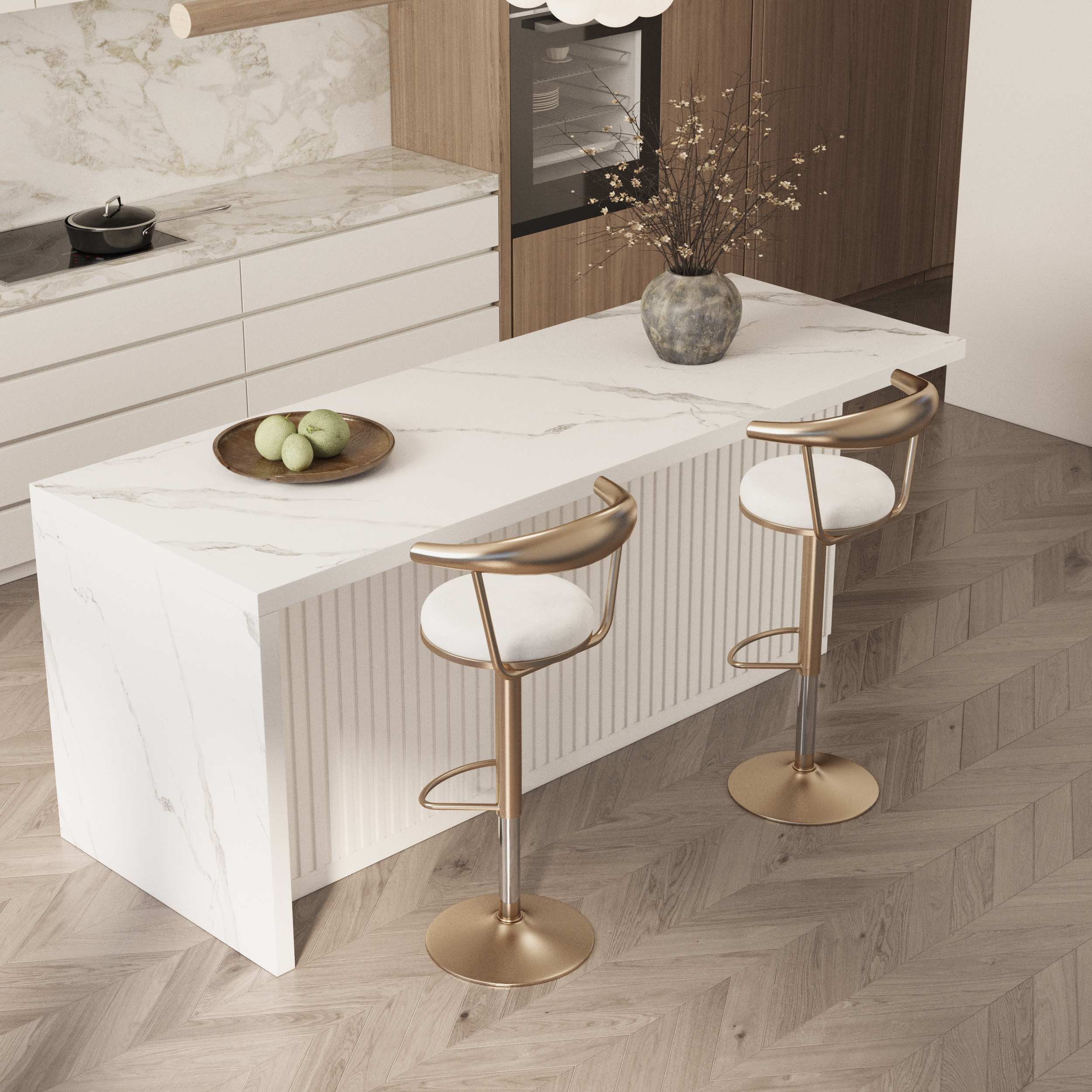 72" Large Kitchen Island & 2 Bar Height Stools Set Adjustable & Swivel Kitchen Chairs with Storage Kitchen Cabinet Marble Veneered Top