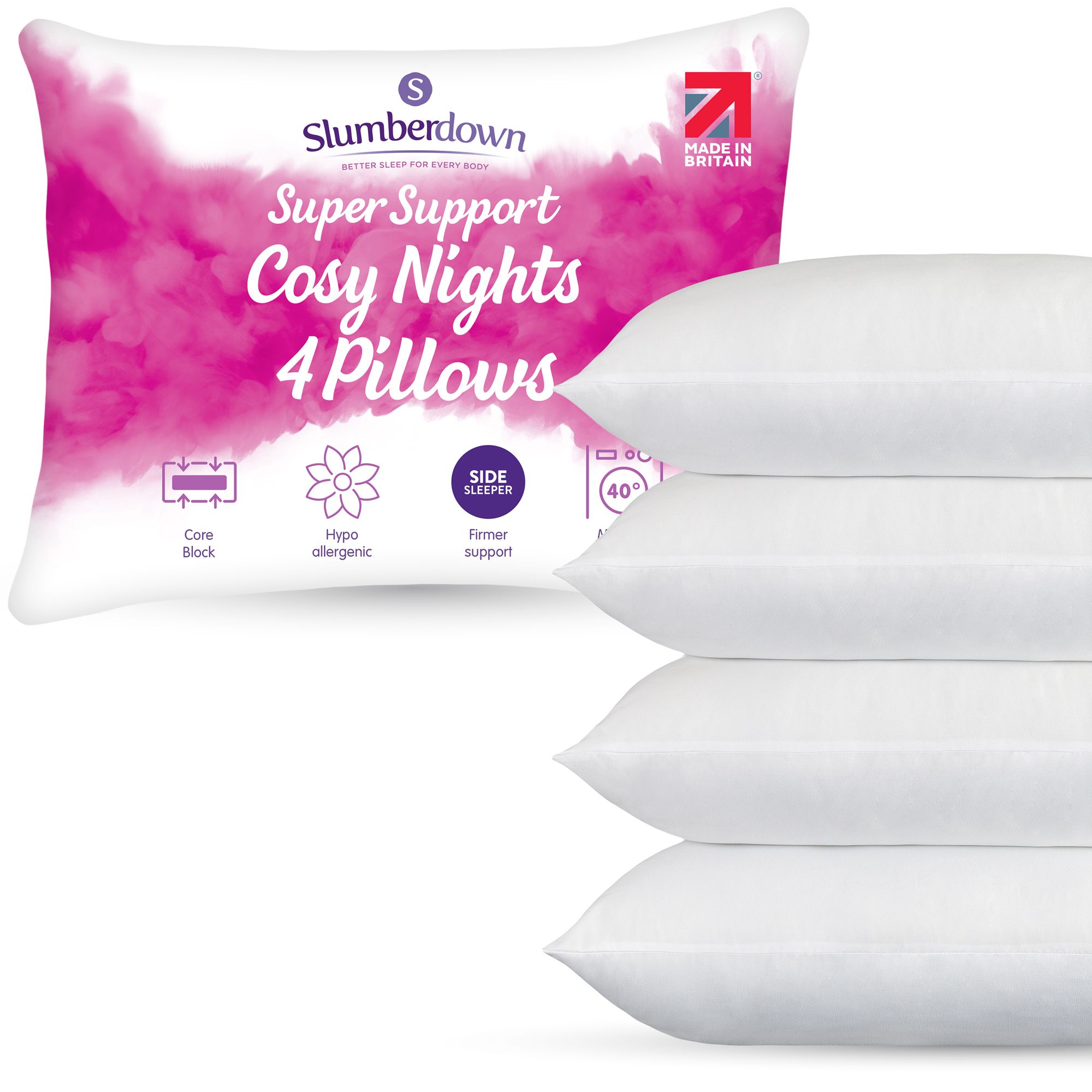 Slumberdown 4 Pack Cosy Nights Super Support Side Sleeper Firm Pillows in White