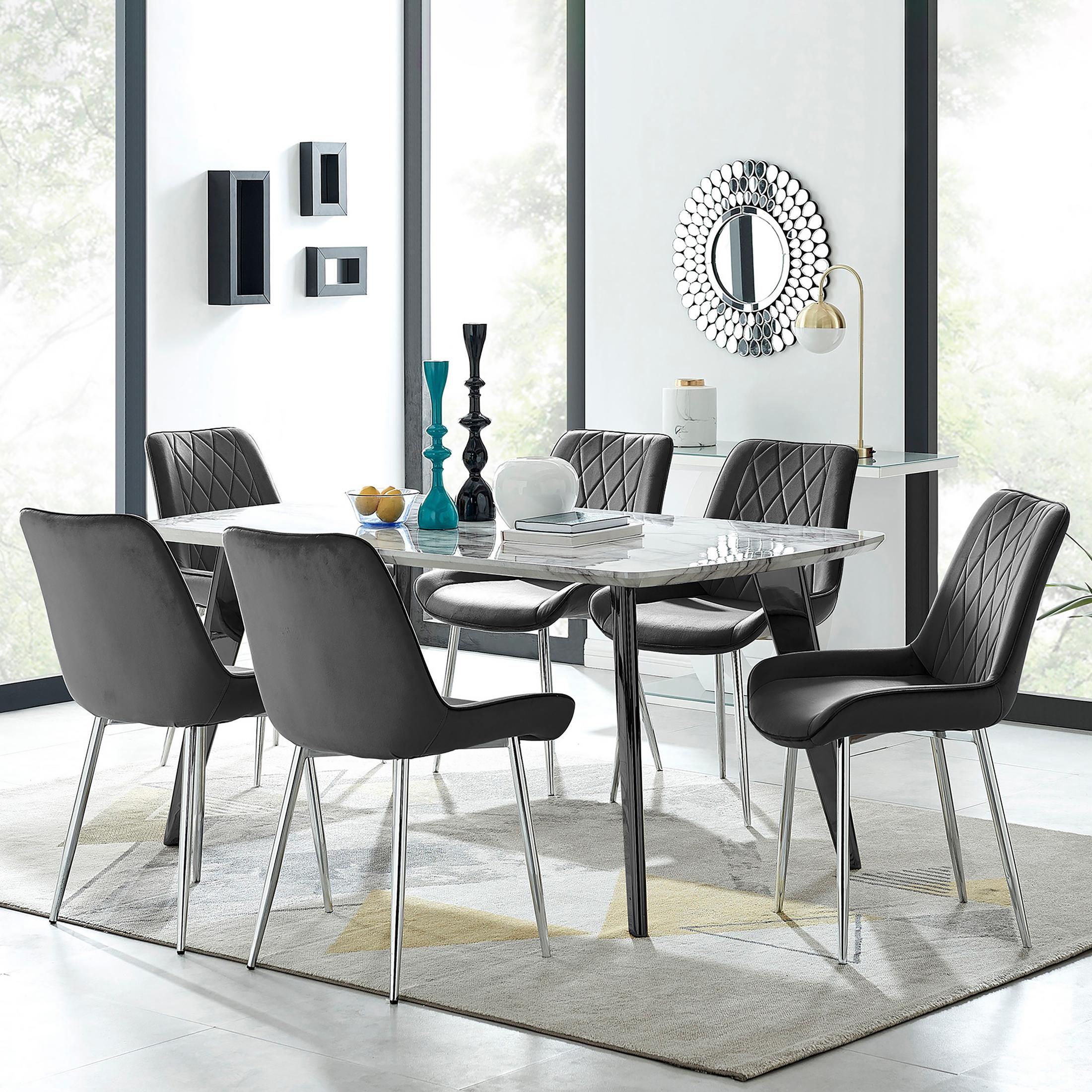 FurnitureboxUK Andria Marble Effect Dining Table With Black Legs & 6 Pesaro Velvet Silver Leg Chairs
