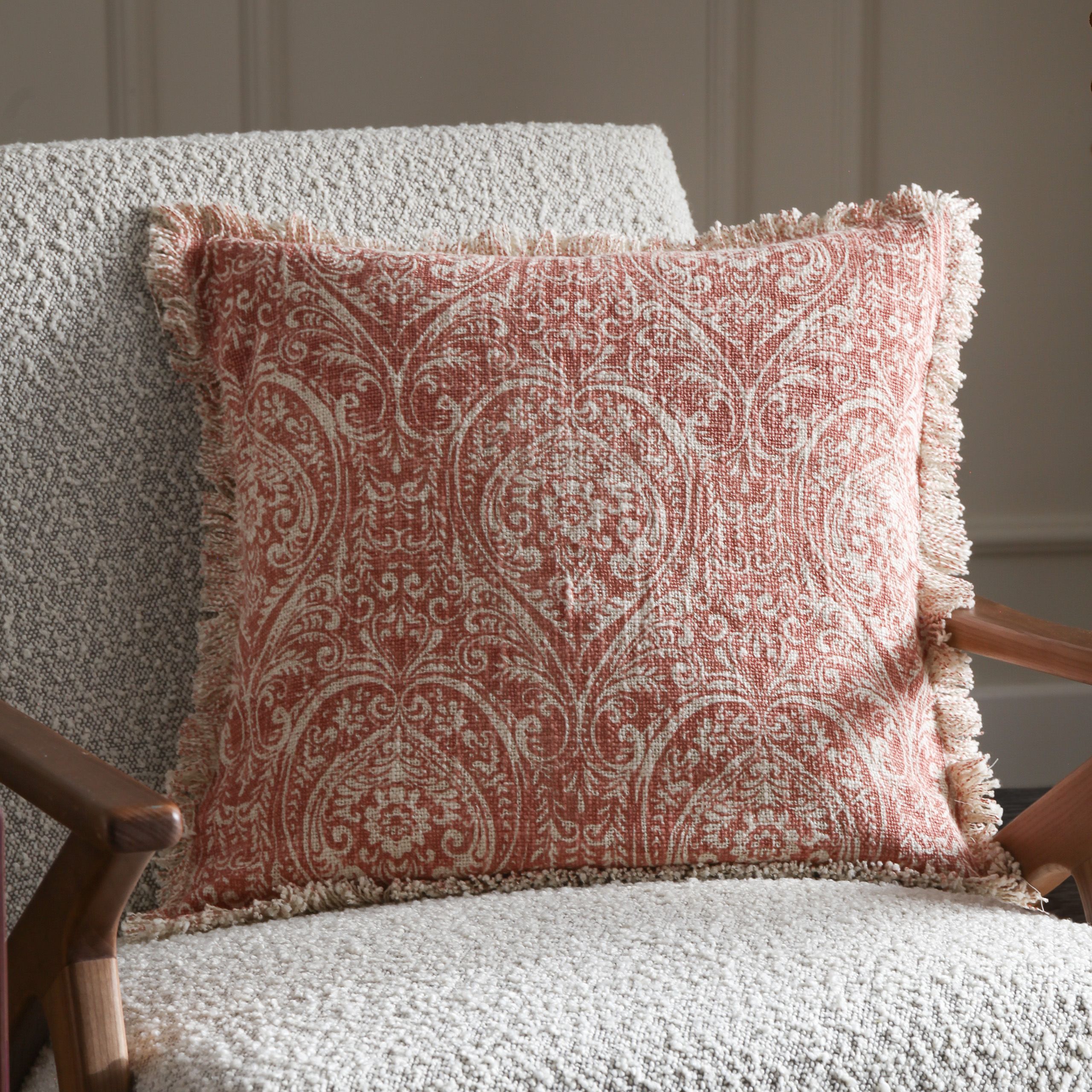Paoletti Durelle 100% Cotton Paisley Fringed Cushion in Pale Pink