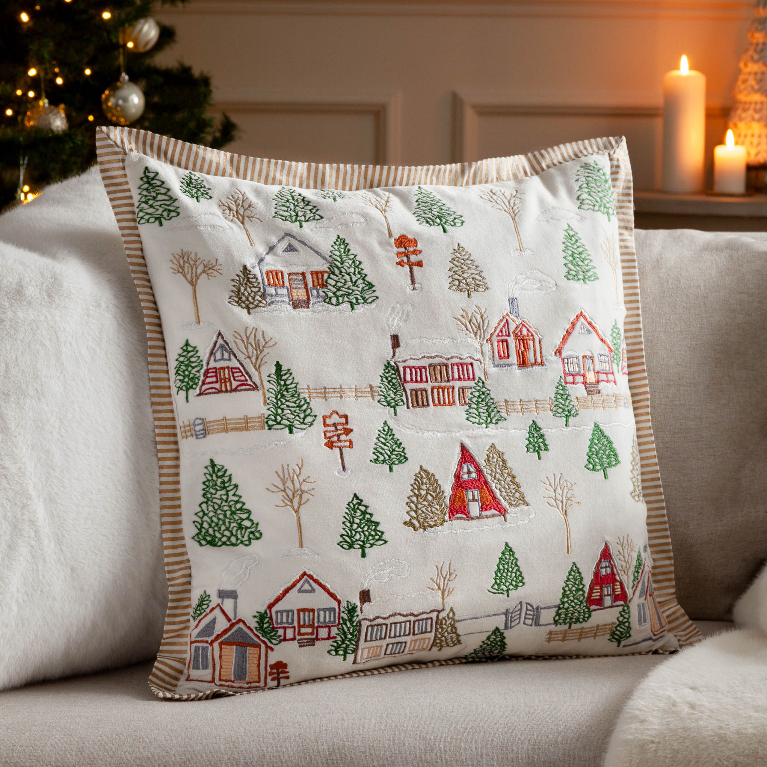 Paoletti Winter Ski Lodges Embroidered Polyester Filled Cushion in White