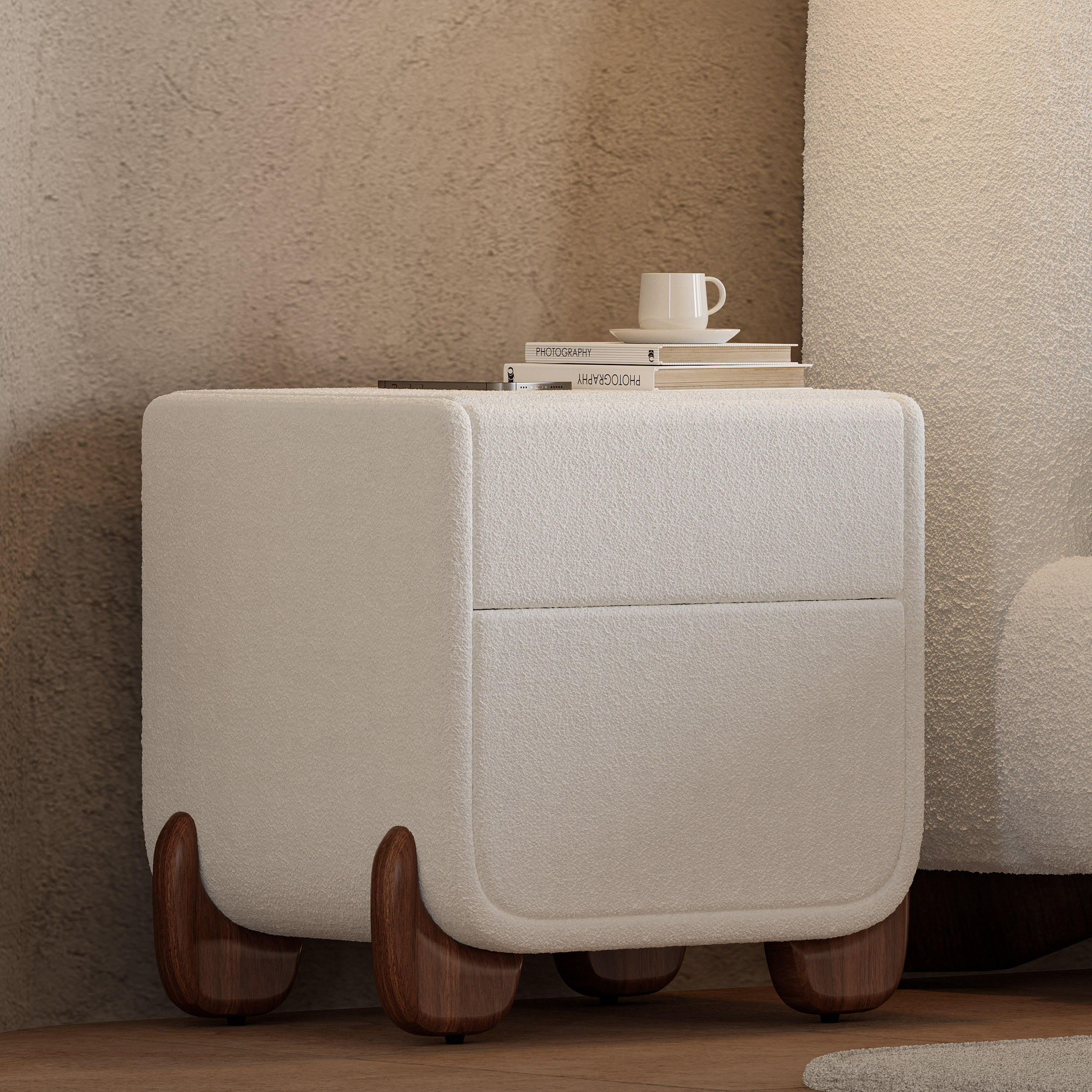 Curva Smart Boucle Bedside Table with Wood Legs 2-Drawer Bedside Table in White