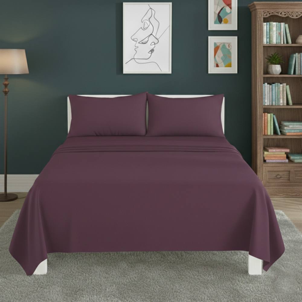 Snug City Easy Care Flat Bed Sheet Polycotton Durable Low Maintenance Bedding in Plum