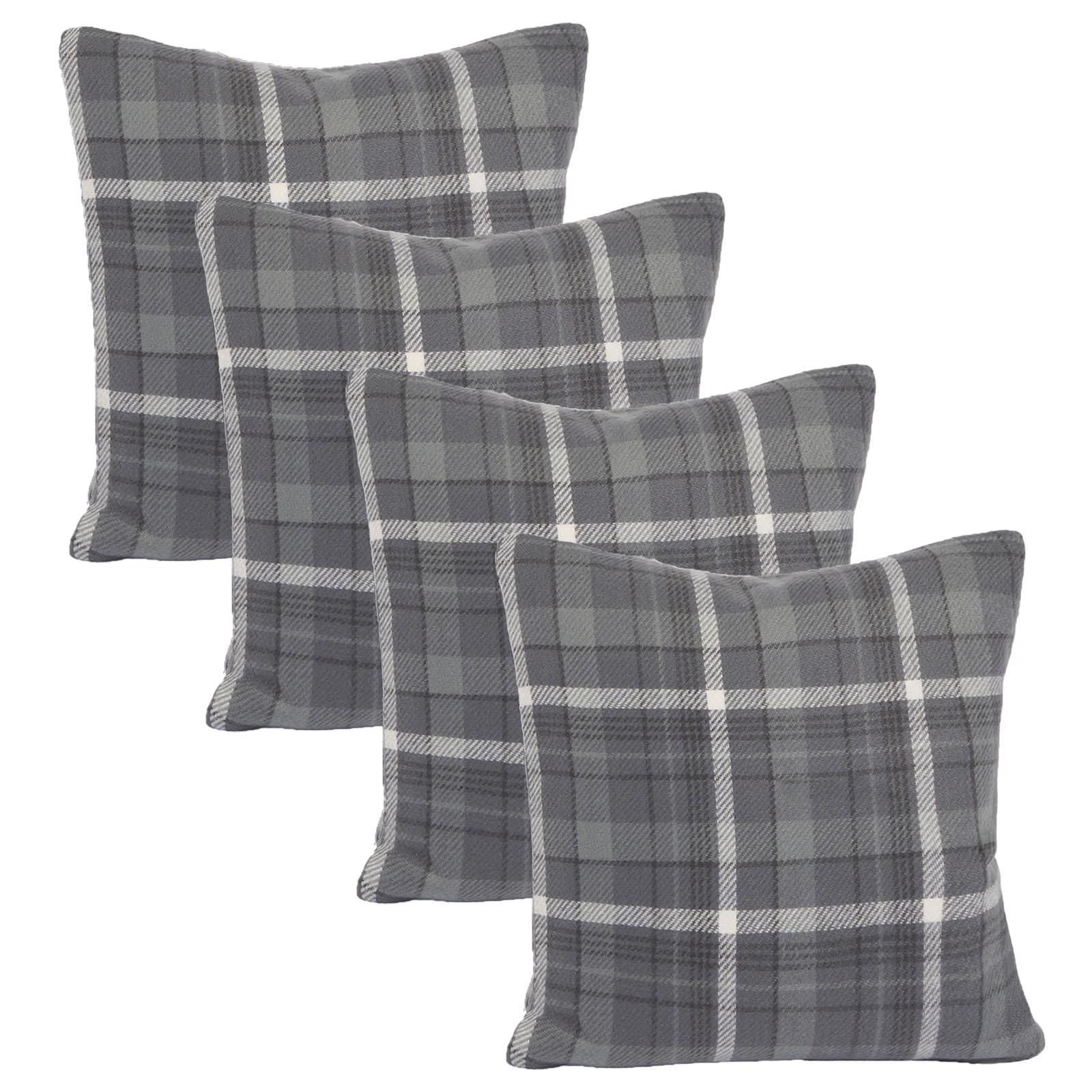 OHS Woven Check Cushion Covers Tartan Pack of 2 Filled Case Pad Set 18" x 18" Home in Charcoal