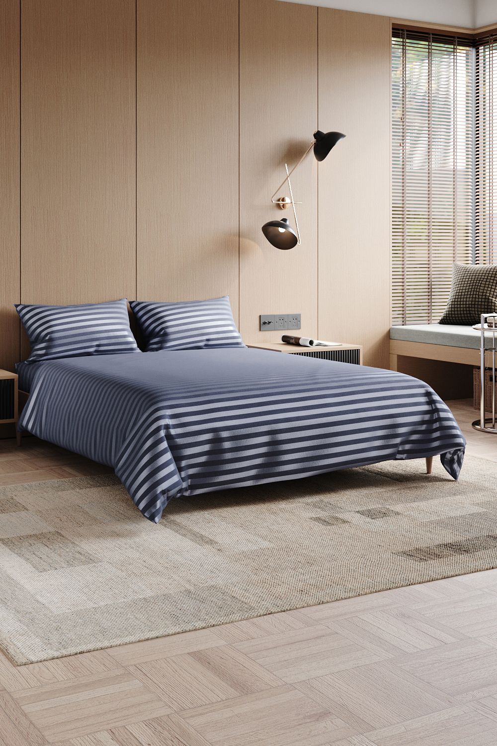 H&O Direct King-Bed Polyester Striped Duvet Cover Set in Grey