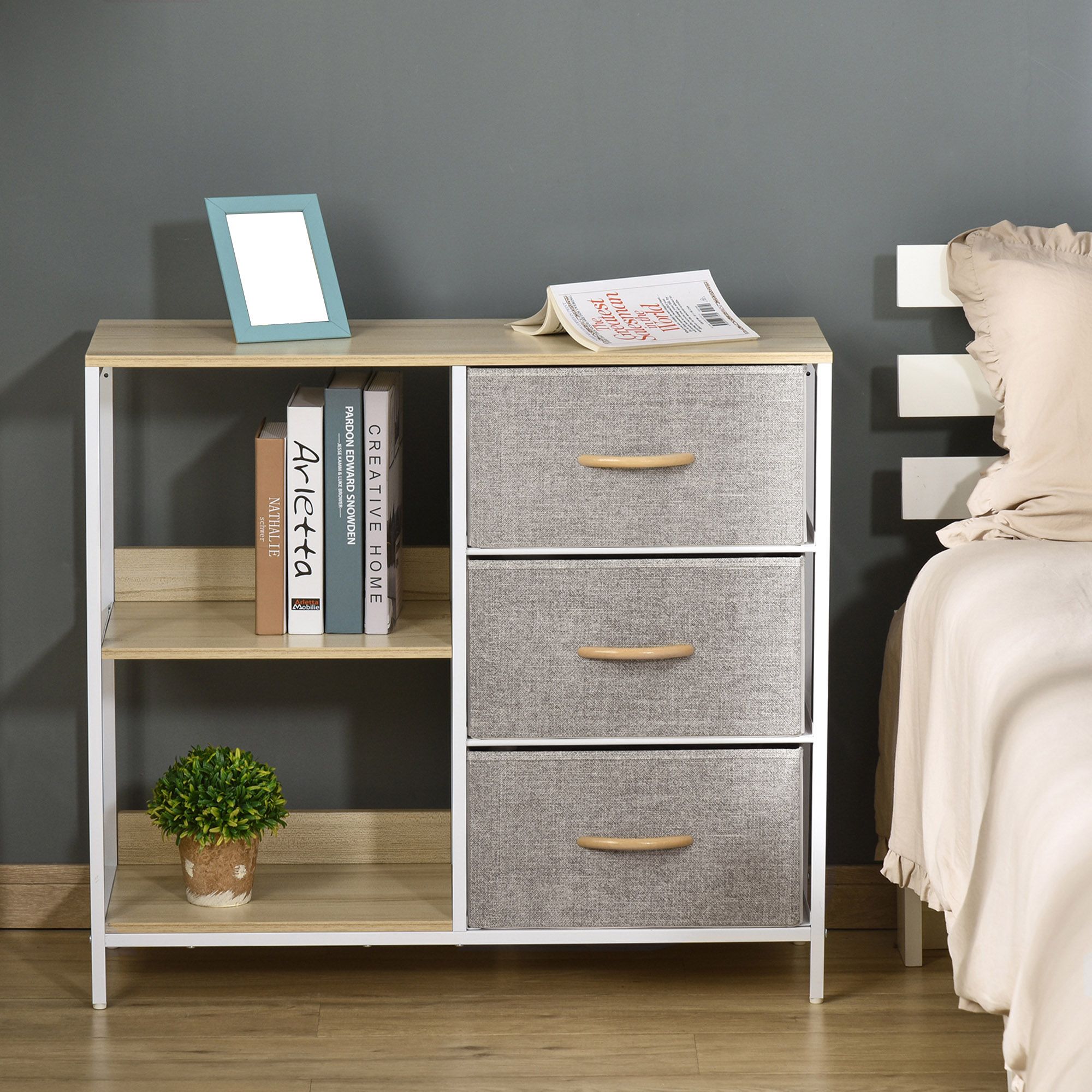 HOMCOM Cabinet Organizer 3 Drawer Chest Dresser Tower w/ 2 Shelves for Bedroom in Beige