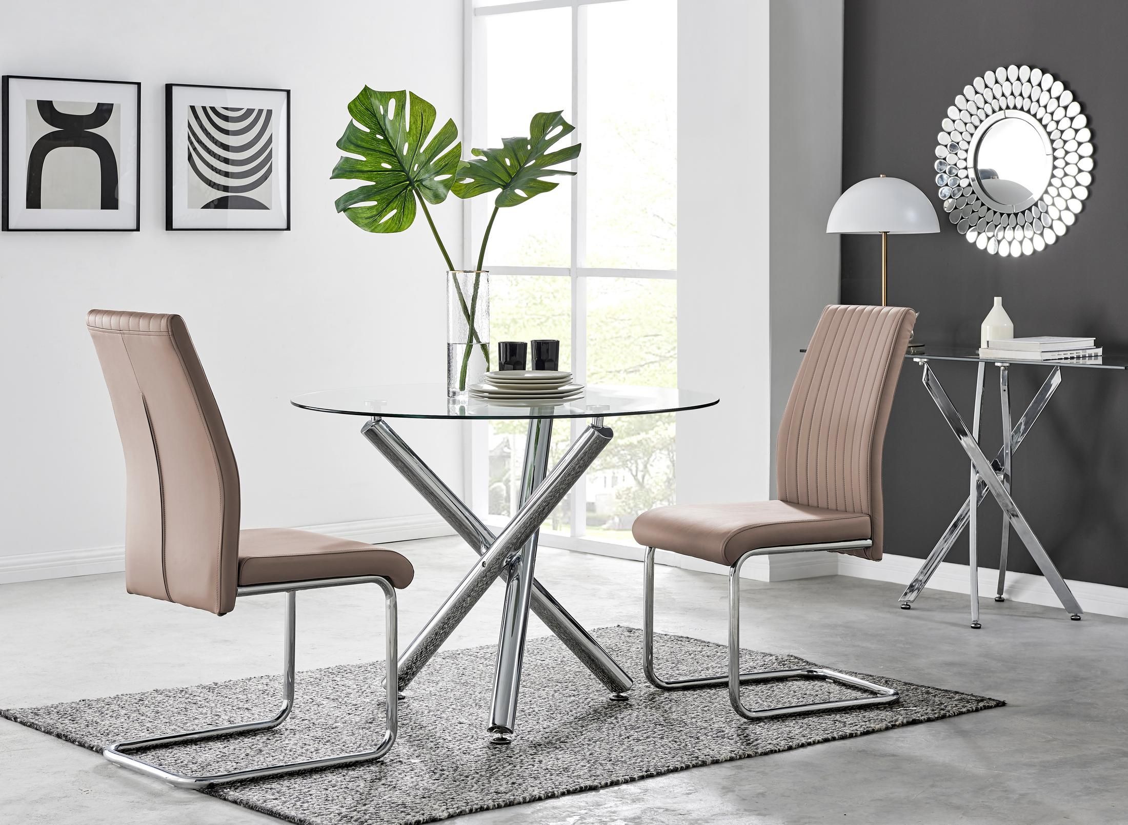 FurnitureboxUK Selina Round Glass & Chrome Metal Dining Table & Lorenzo Chairs Set in Beige