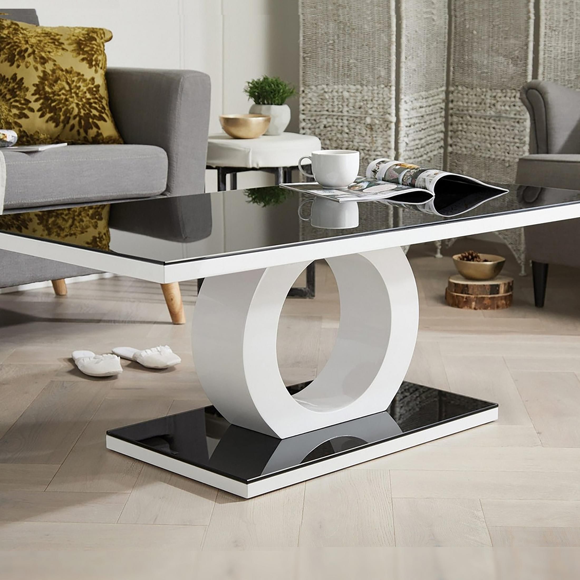 FurnitureboxUK Giovani Rectangular White High Gloss Coffee Table with Glass Top & Unique Halo Structural Plinth Base Design in Black