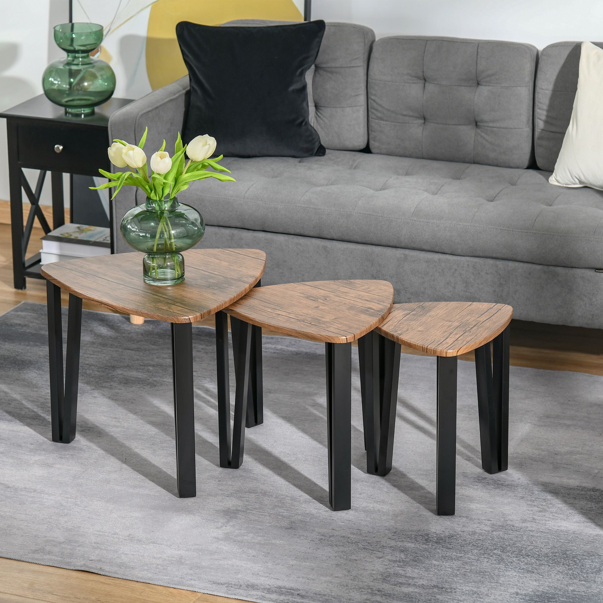 HOMCOM 3 PCs Nesting Table Coffee Table Set MDF Steel Living Room Furniture in Black