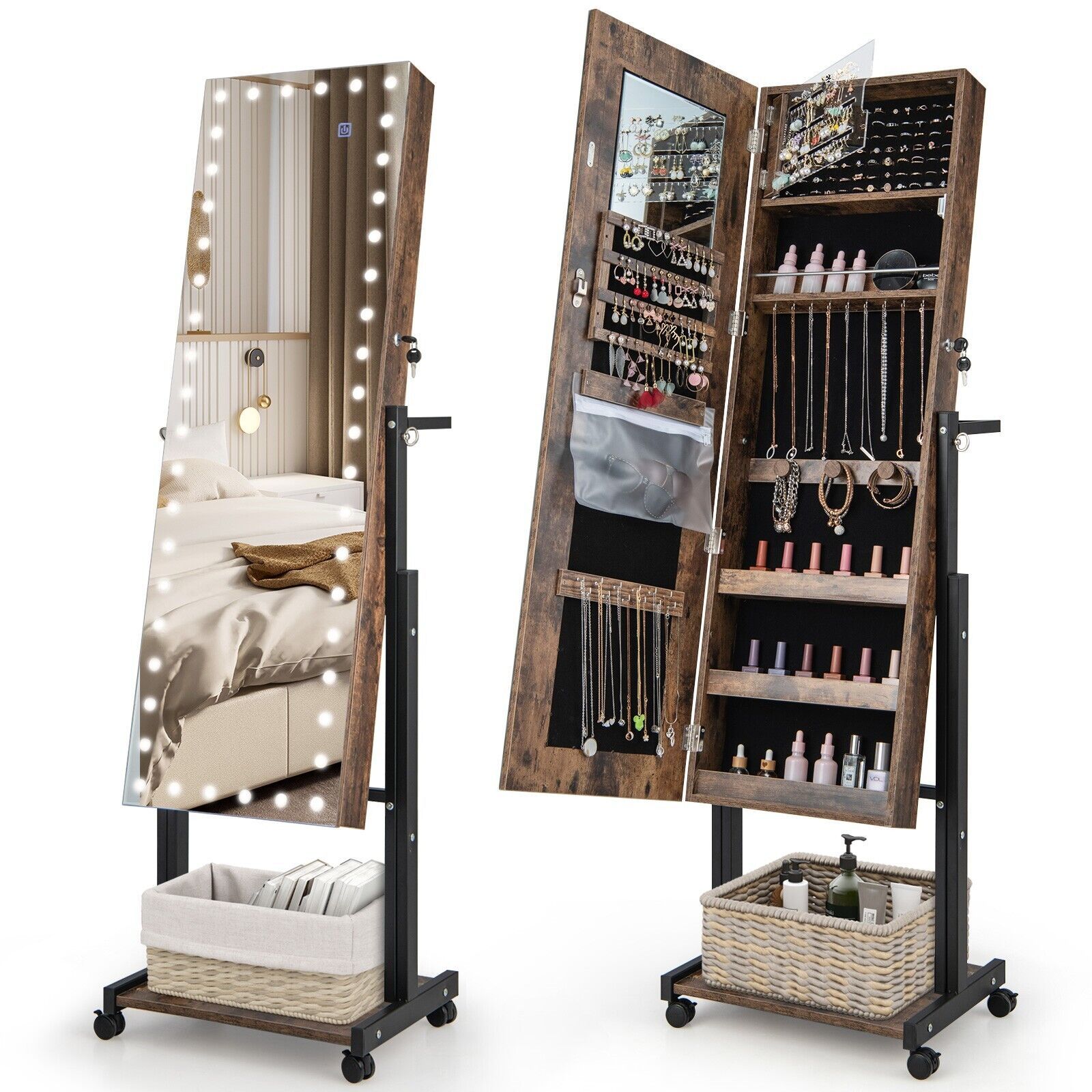 Costway Height Adjustable Jewelry Cabinet Standing Jewelry Armoire w/ 3-Color LED Mirror & Wheels in Brown