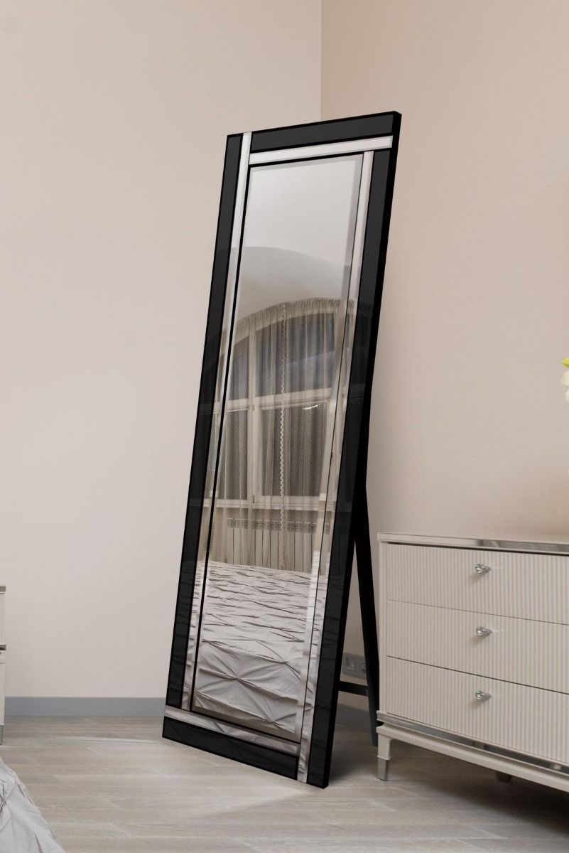 MirrorOutlet Black & Mirror Double Bevel Cheval Dress Mirror 170cm x 58cm