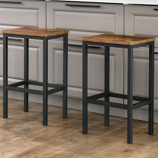 Gulf Rustic Brown Wooden Industrial Bar Stools In Pair