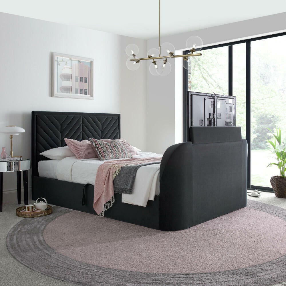 Sherlock - Super King Size - Side-Opening Ottoman Storage Electric TV Bed - Grey - Velvet - 6ft - Happy Beds