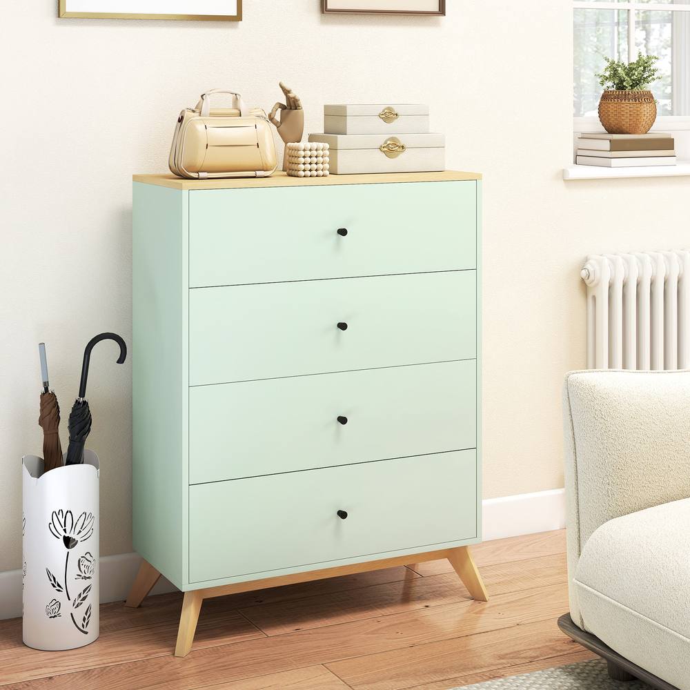HOMCOM Chest of Drawers, 4 Drawer Storage Cabinet, Light Green & Oak