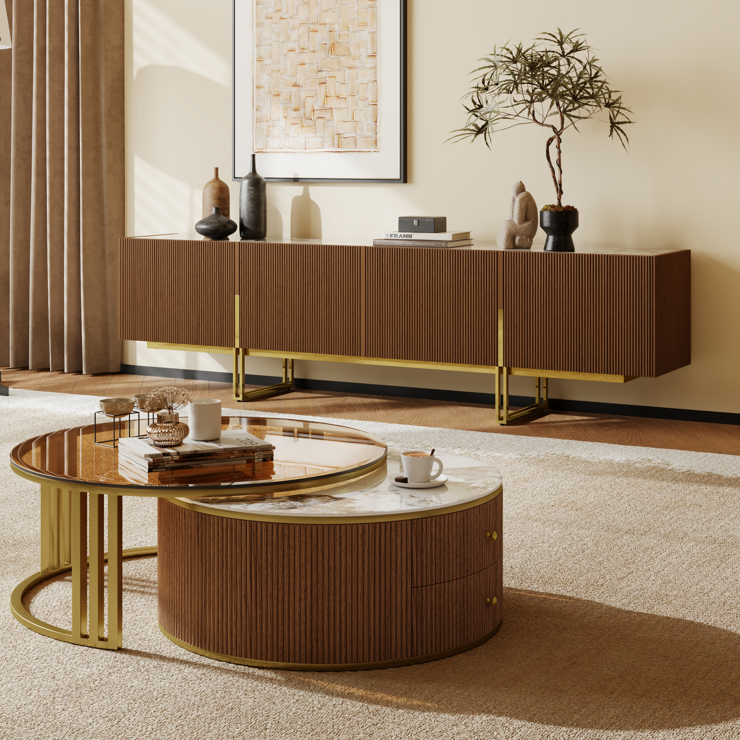 Living Room Cabinet Set 2000 mm Sintered Stone Top Walnut TV Stand & Round Glass Nesting Coffee Table with Storage