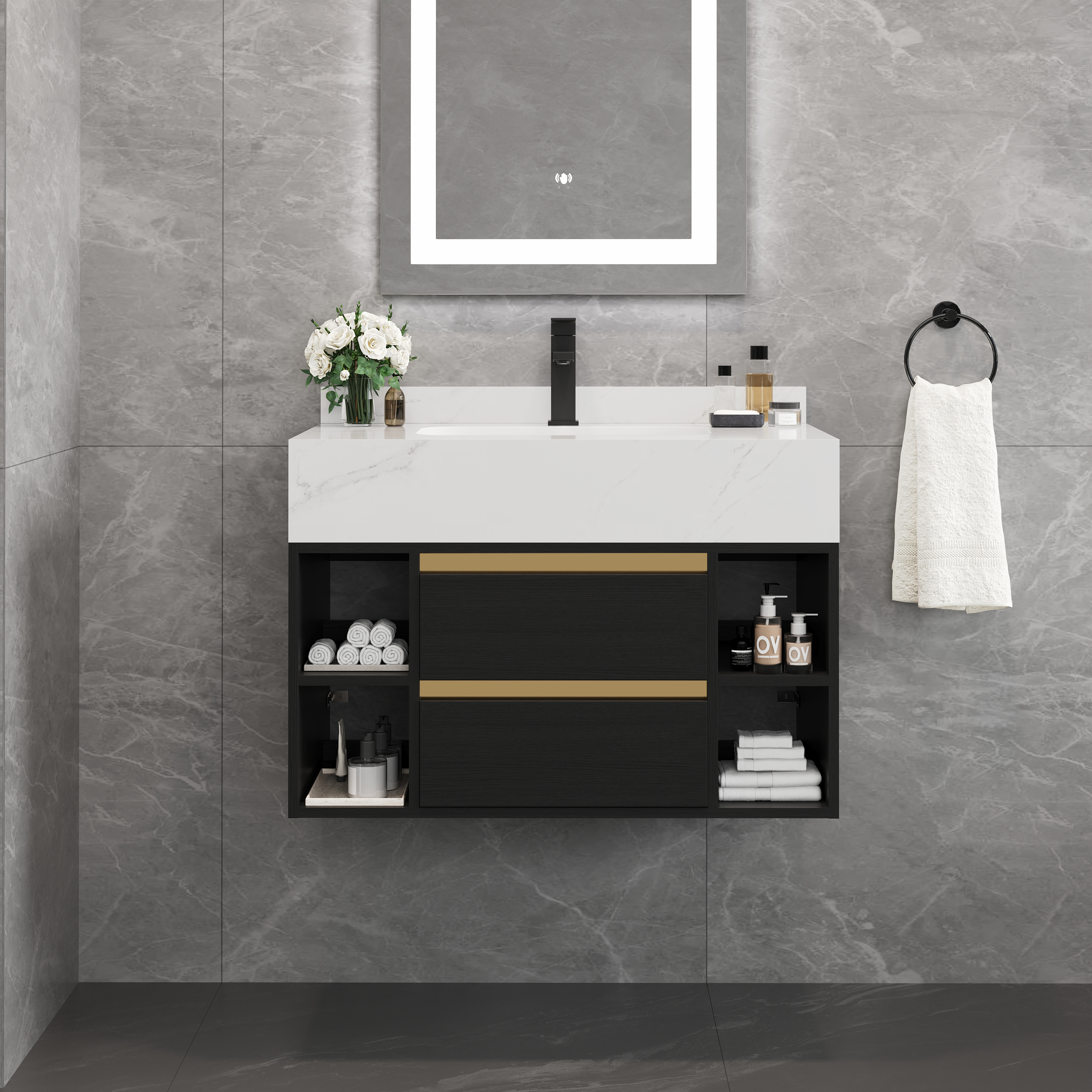 80 cm Floating Bathroom Vanity Set with Ceramic Basin 2 Drawers & Open Shelves in Black