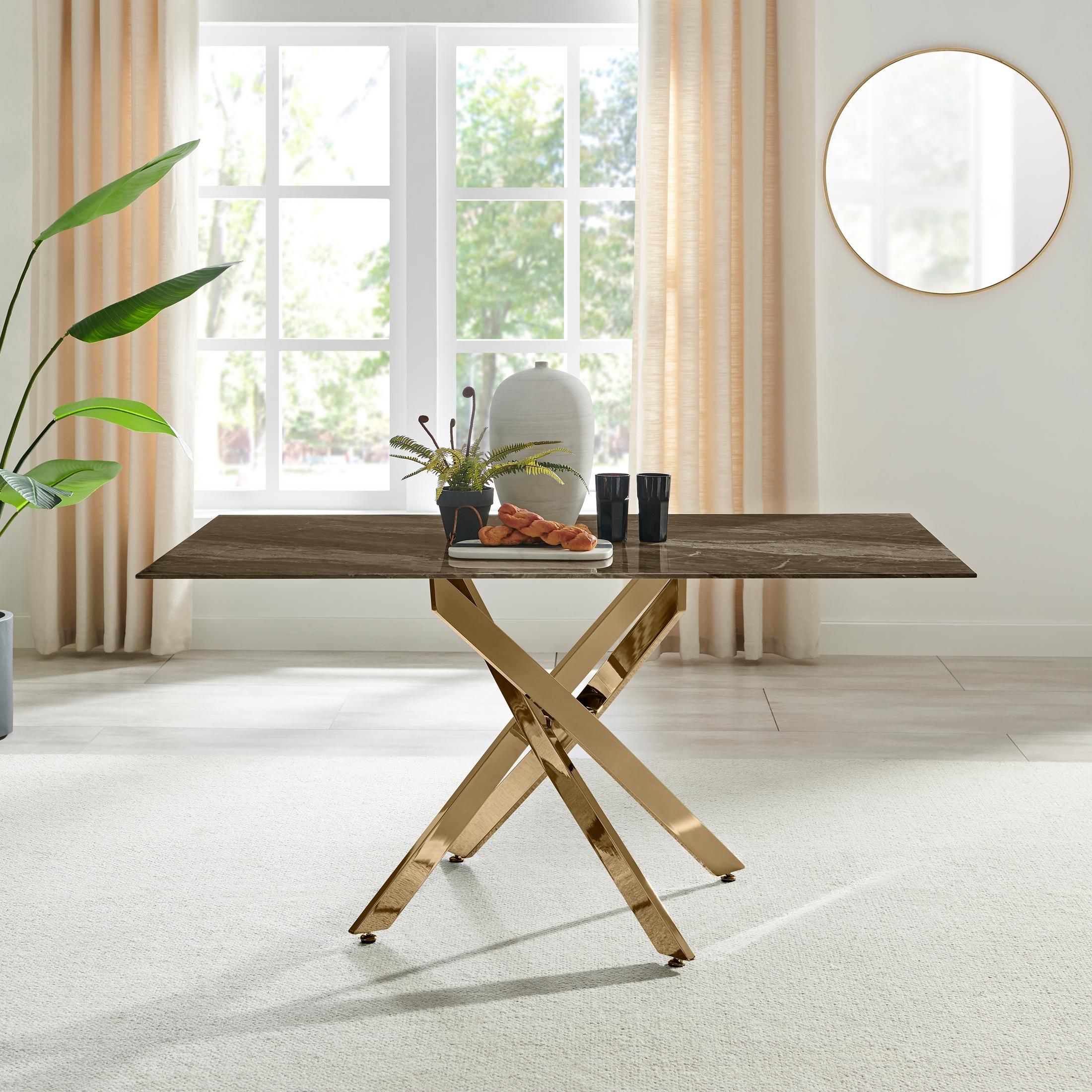 FurnitureboxUK Leonardo 6-Seater Dining Table With Marble Effect Glass Top & Gold Metal Legs in Dark Brown