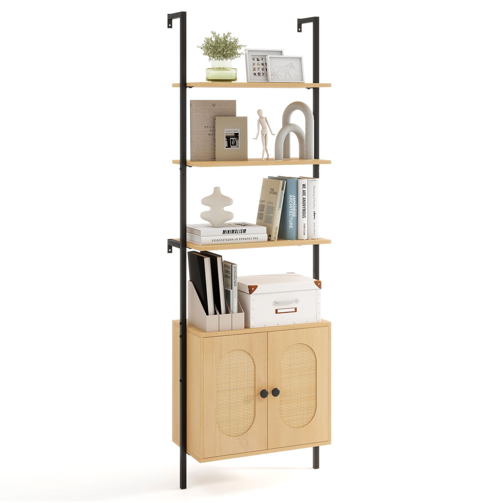 Costway Wall Mount Bookshelf Storage Shelves 6-tier tall display rack w/ Cabinet in Natural