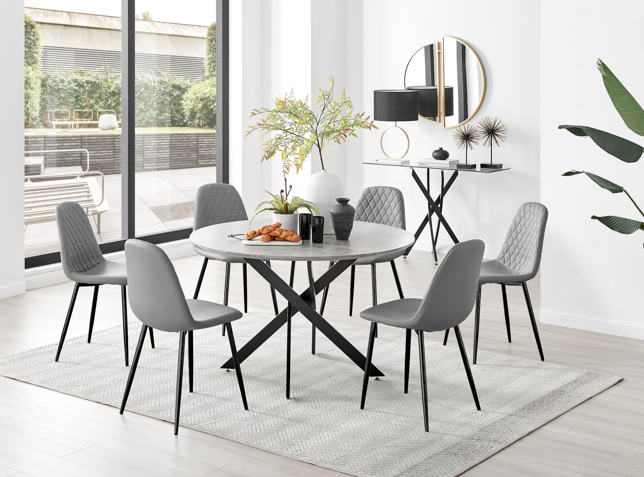 FurnitureboxUK Novara Grey Concrete Effect Black Leg 120cm Round Dining Table & 6 Corona Black Leg Chairs