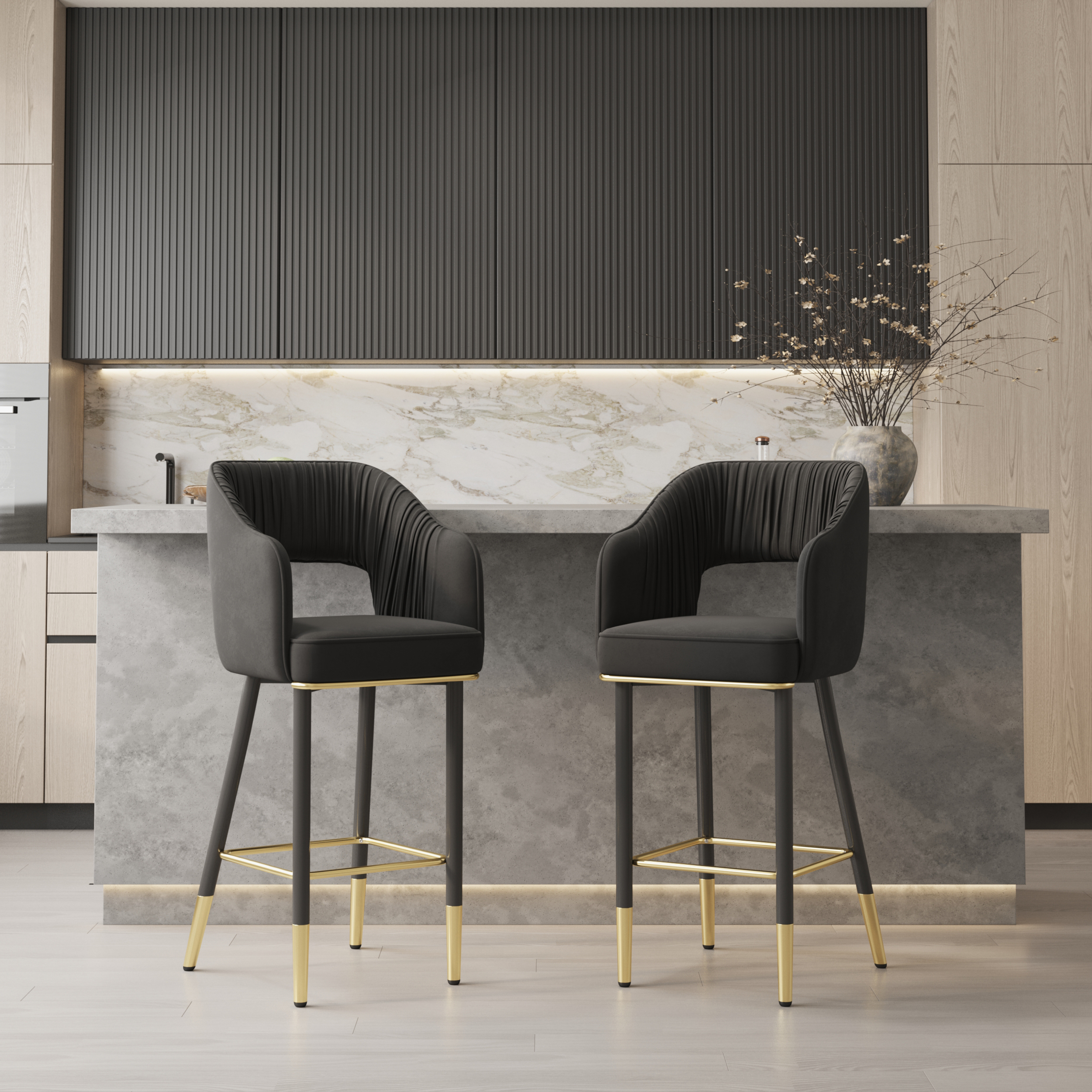 Modern Black Velvet Bar Stool Upholstery with Back and  Footrest