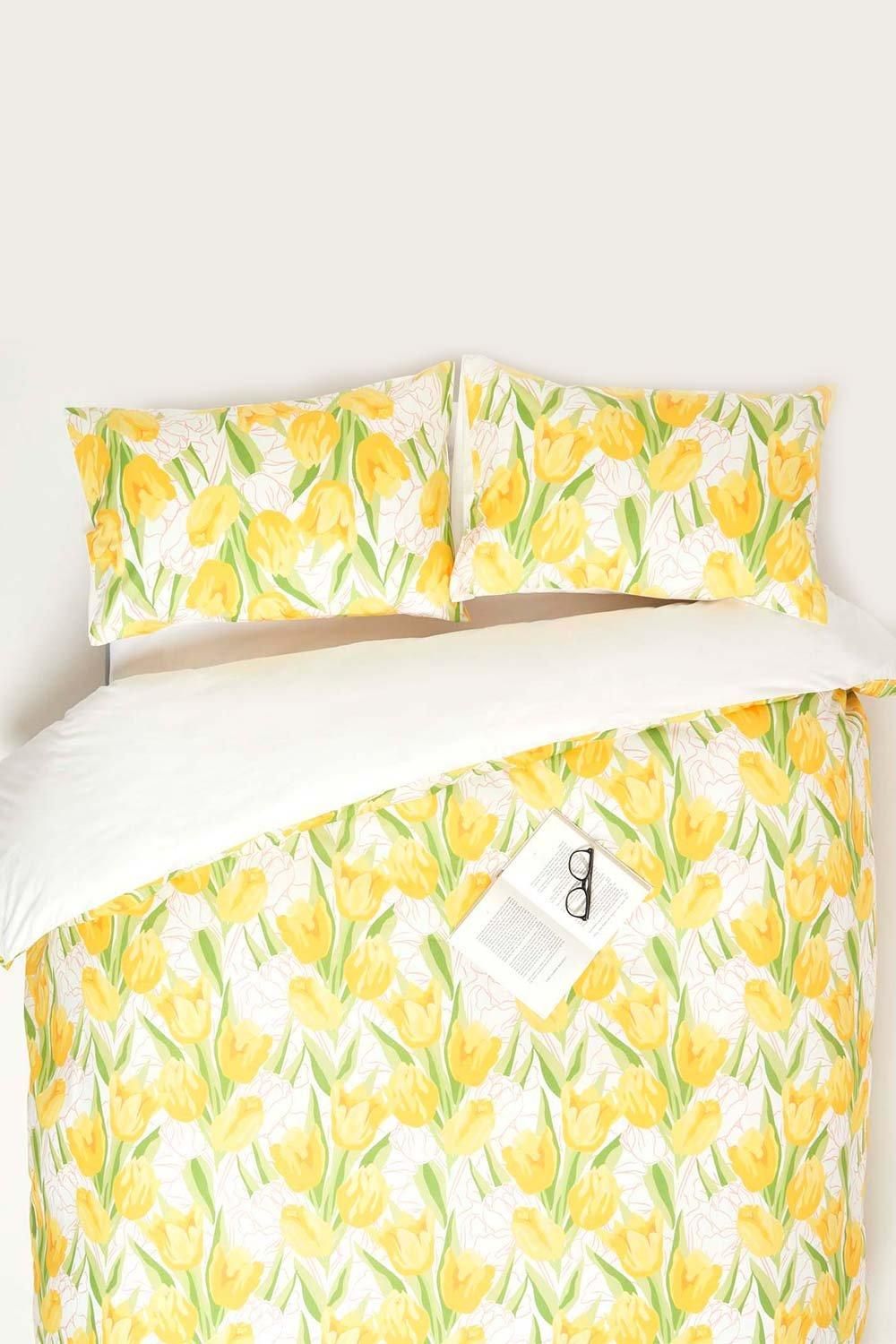 Homescapes Yellow Tulips Digitally Printed Cotton Duvet Cover Set
