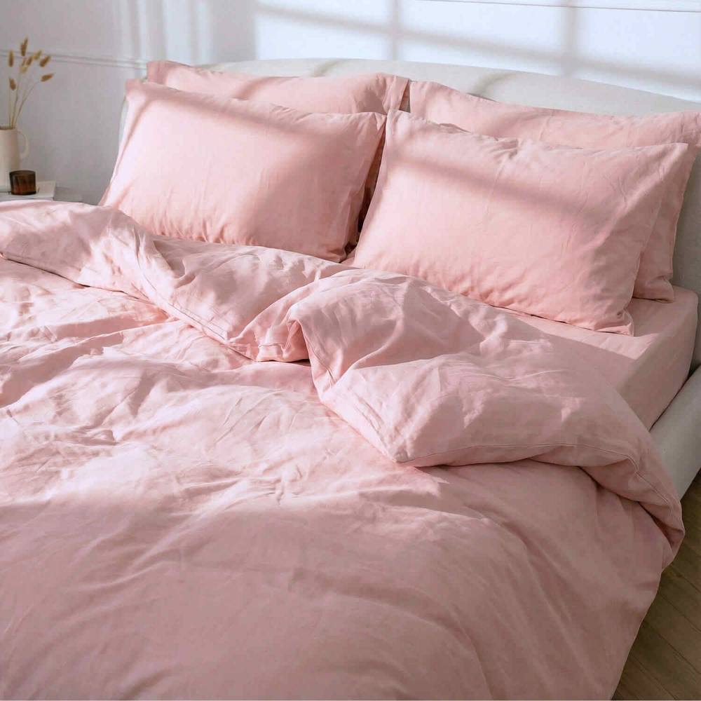 Bedable 100% Cotton Bedding Bundle Percale Cooling Sheets - Duvet Cover + Fitted Sheet + 4 Pillowcases + Duvet + 4 Pillows in Pink
