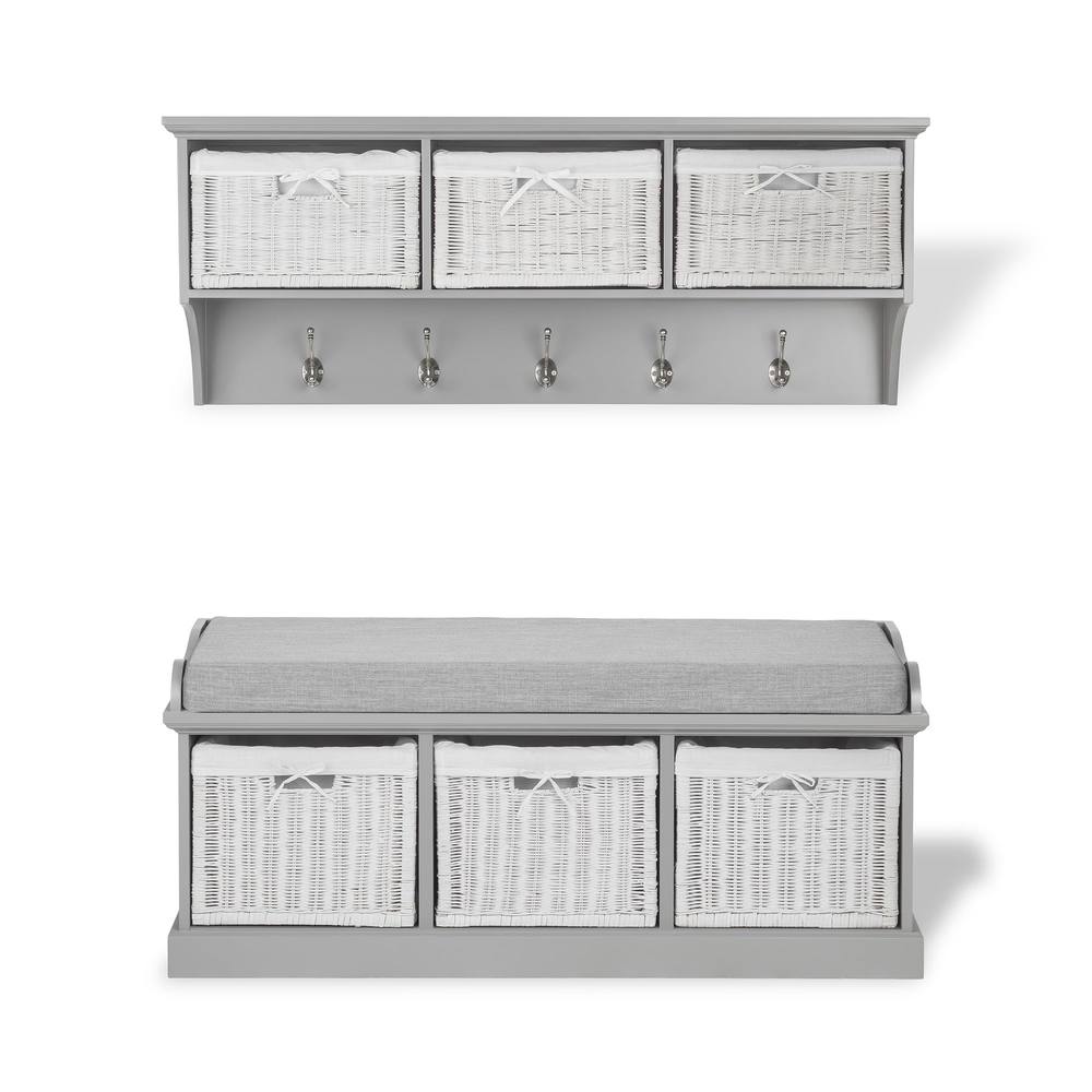 Statement Furniture Tetbury 3 White Wicker Basket & Grey Cushion Hallway Set in Light Grey