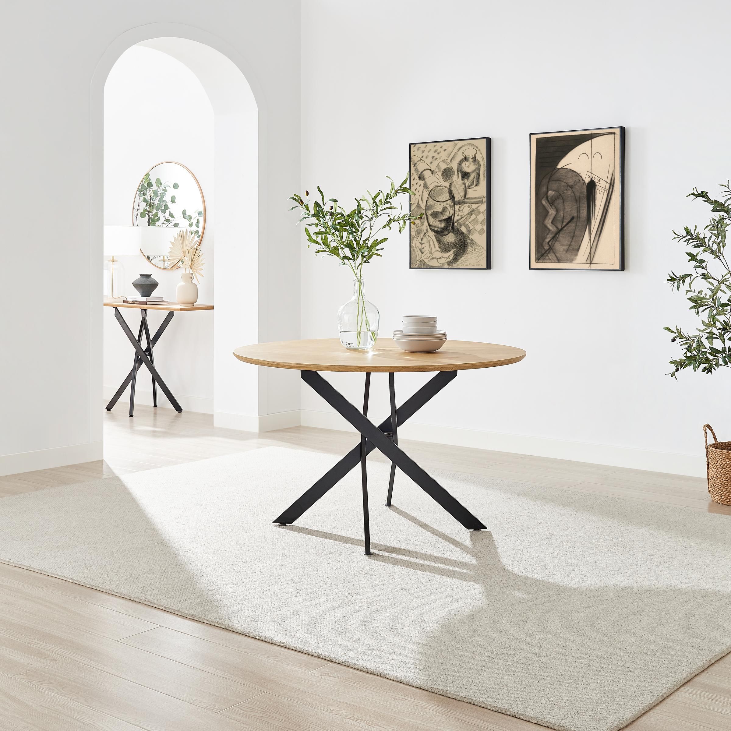 FurnitureboxUK Novara Round Oak Veneer & Black Metal 6 Seater Dining Table in Light Brown
