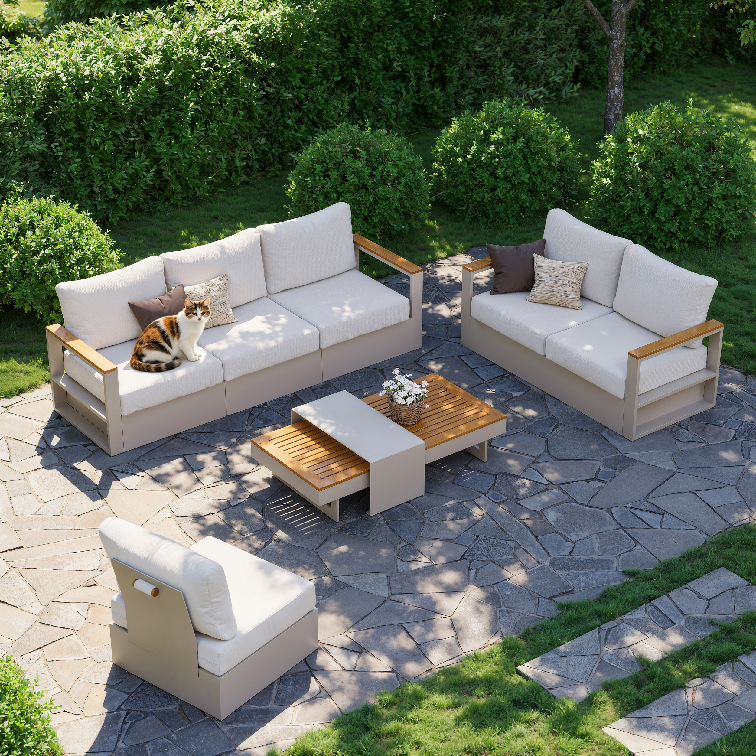 Convertible Outdoor Sectional Sofa Set with Teak & Aluminium Frame, Sand & Warm White (4-Piece)