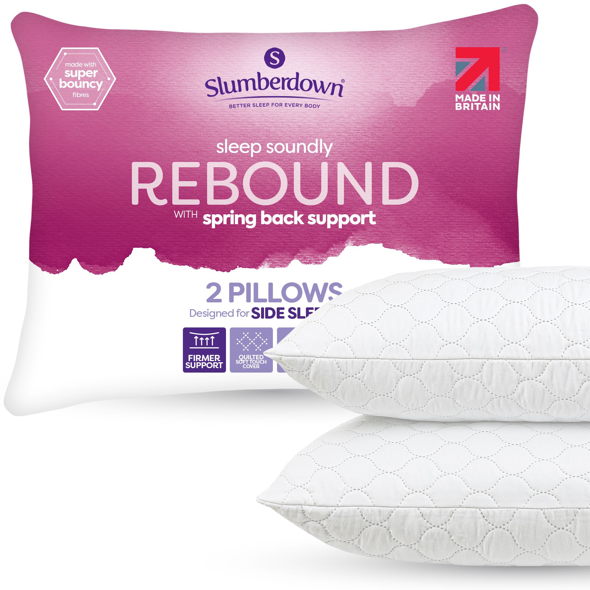 Slumberdown 2 Pack Sleep Soundly Rebound Firm Support Side Sleeper Pillows in White