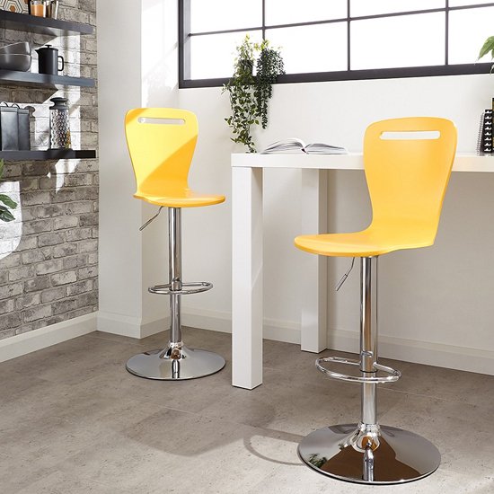 Long Island Yellow Wooden Gas-lift Bar Stools In Pair