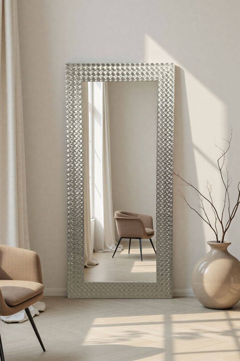 Yearn Mirrors Hammered Full Length Silver Framed Bevelled Mirror in Metallic Silver