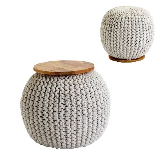 Morgan Woven Pouffe In Natural With Wooden Plate