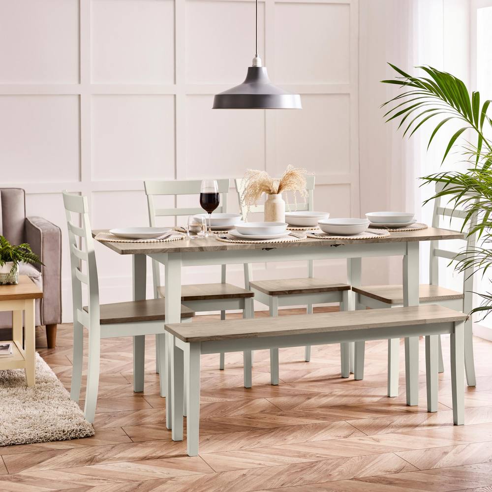 FurnitureboxUK Salcombe Extending Light Grey Table with 4 Chairs & 1 Large Bench