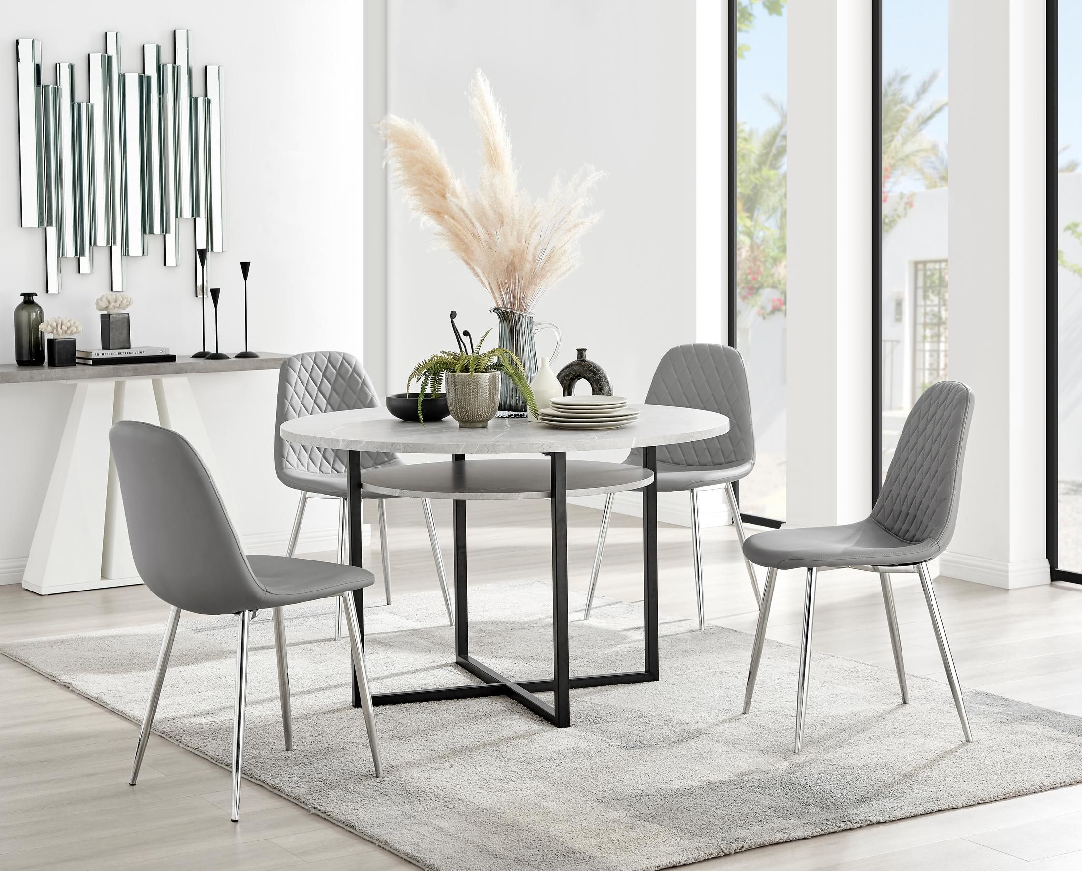 FurnitureboxUK Adley Grey Concrete Effect Round Dining Table & 4 Corona Silver Chairs