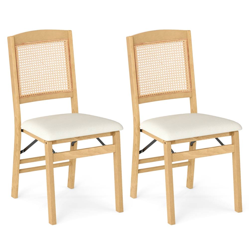 Costway 2PCS Folding Dining Chairs Rubber Wood Chairs w/ Linen Padded Seat in Natural