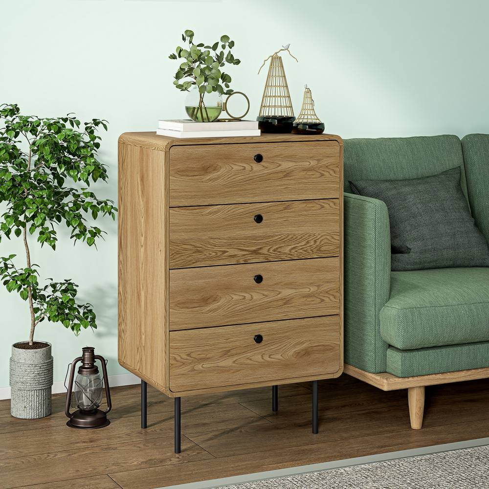 HOMCOM Chest of Drawers with 4 Drawers, Modern Dresser for Bedroom, Oak in Natural