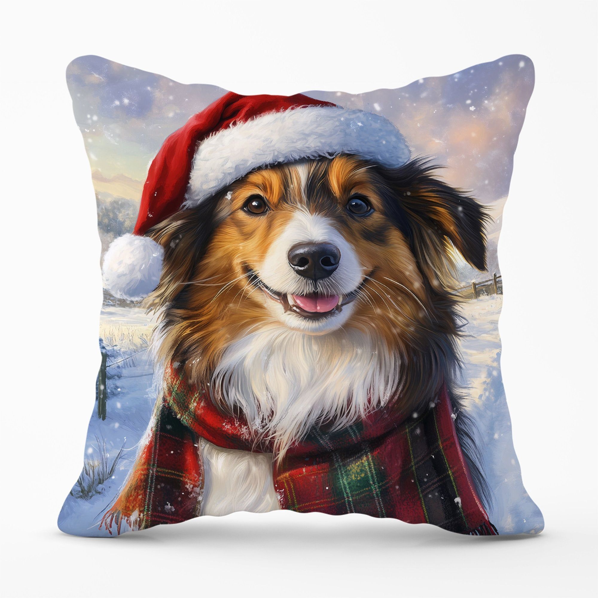 Warren Reed - Designer Christmas Shetland Sheepdog Cushion in Brown