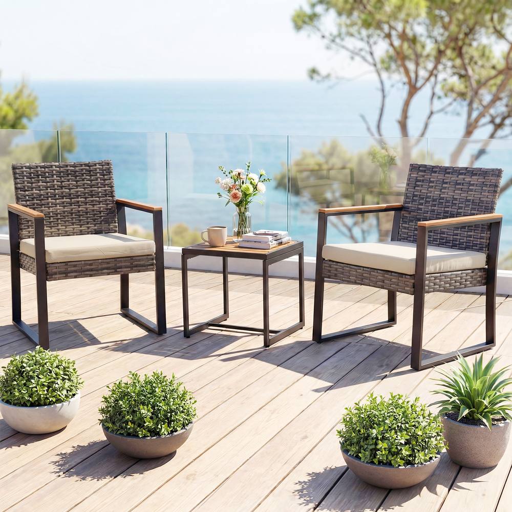 Costway 3PCS PE Wicker Patio Conversation Set Bistro Set w/Cushion &Side Table in Beige