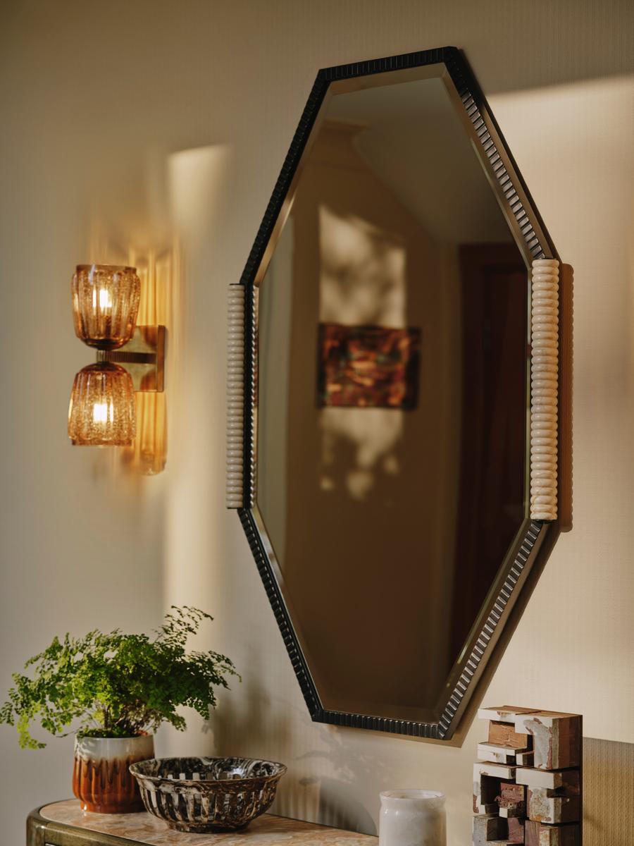 Welton Wall Mirror, Blackened Brass & Travertine