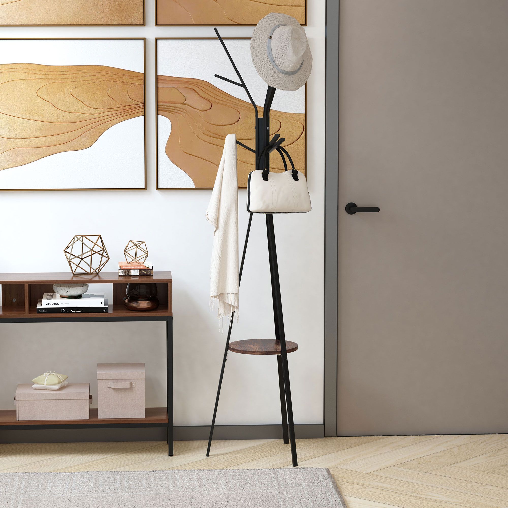 HOMCOM Free Standing Coat Rack Metal Shelf Holder Stand Display Clothes Hat in Brown