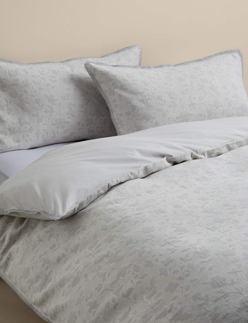 M&S Pure Cotton Woodblock Floral Jacquard Bedding Set Natural