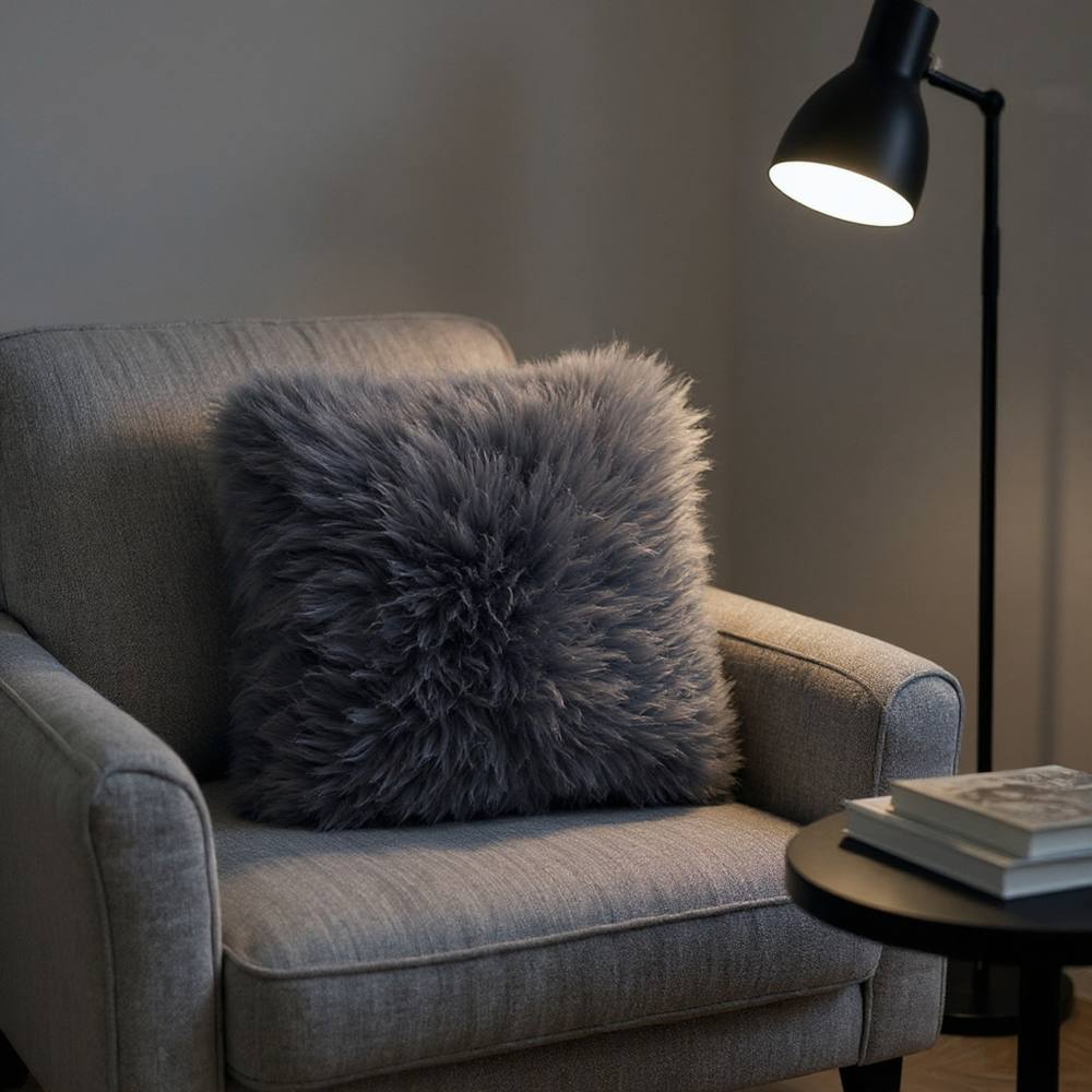 Infinity Leather Natural Sheepskin Real Wool Cushion in Grey